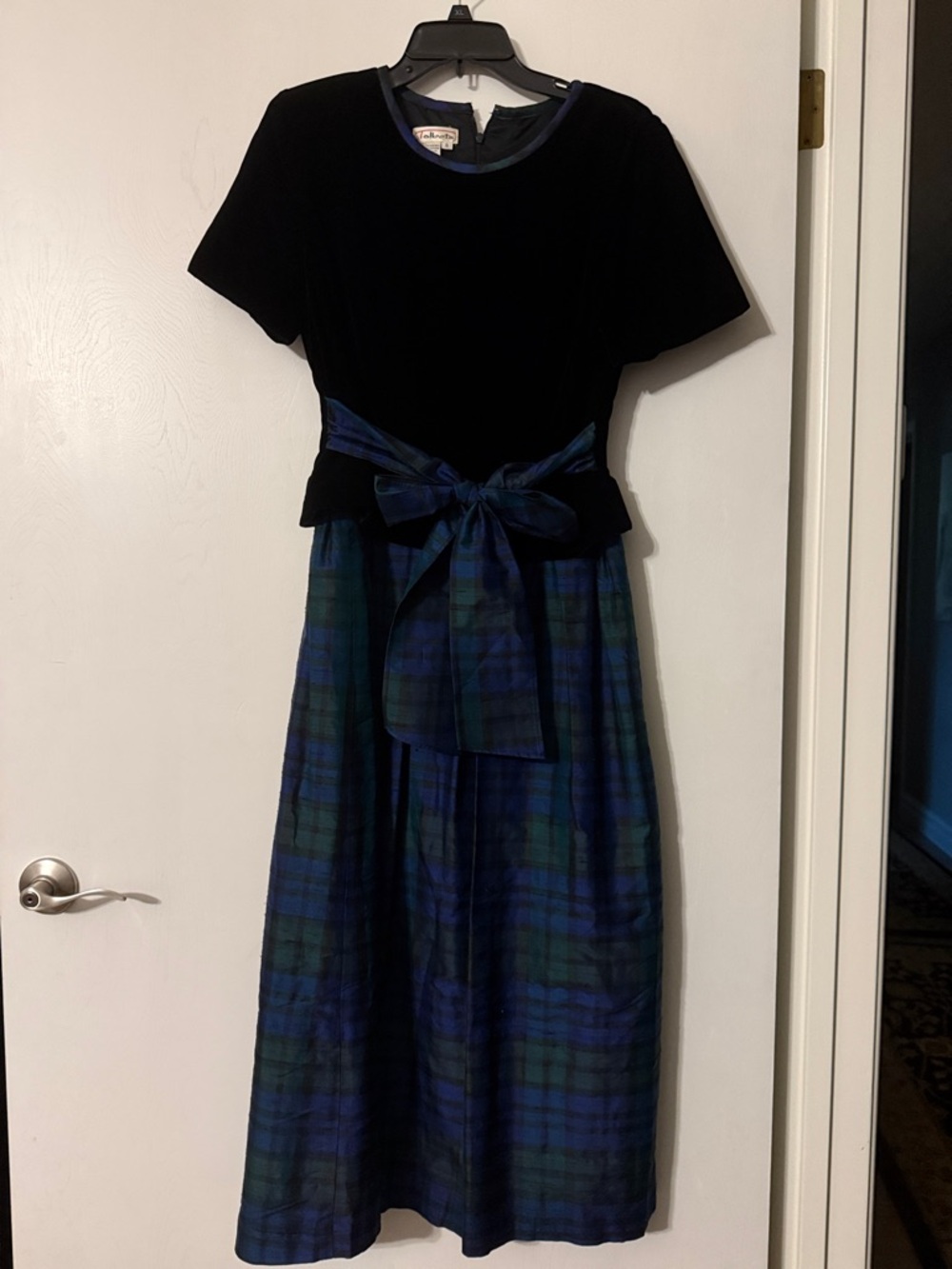 Talbots Black Velvet Top with Navy and Green Plaid Skirt Dress